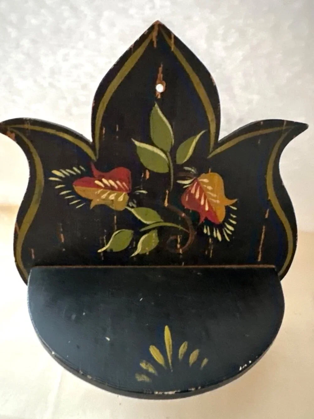 Vintage Black Wooden Wall Shelf Floral Design Finish Charming Folk Art Rustic